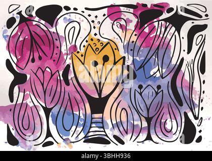 Illustration mit floralen Motiven im Monotypstil, basierend auf einem hellen mehrfarbigen Punkt Stock Vektor