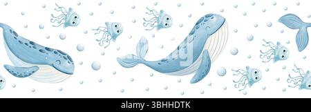 Nahtloses Aquarellbanner mit niedlichen Zeichentrickwalen und Quallen, die zwischen Wasserblasen schwimmen. Handgemalt in weichen, traumhaften Farben, perfekt für Kinder Stockfoto