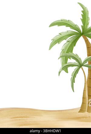 Aquarellillustration eines tropischen Strandes mit goldenem Sand und Palmen. Ruhiger, minimaler Hintergrund, perfekt für Sommer- oder Urlaubsthemen. Stockfoto