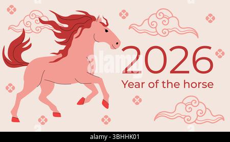 Rosafarbenes Pferd mit roter Mähne, umgeben von dekorativen Wolken, Blumen und dem Text 2026 Jahr des Pferdes, der das chinesische Neujahr in A symbolisiert Stock Vektor
