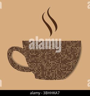 Eine mosaikbraune Illustration einer Tasse Kaffee mit Dampf. Eine strukturierte Illustration einer Tasse Kaffee oder Tee. Stock Vektor