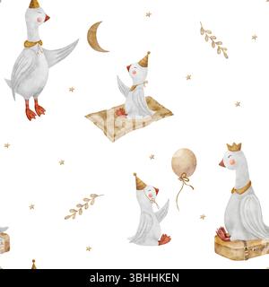 Muster Aquarell Illustration Gänse Familie, Baby fängt die Sterne Mond. Gänse im Vintage-Stil. Nahtloser Druck auf weißem Hintergrund für Stockfoto
