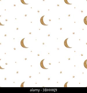 Beigefarbener Mond im Retro-Stil mit nahtlosem Muster zwischen braunen Sternen. Aquarellillustration handgezeichnet im Kinderstil, einfacher Druck auf weißem Hintergrund für Stockfoto