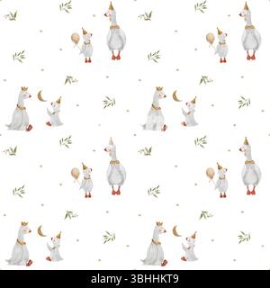 Nahtlose Mustergänse in grünen Blättern, Zweige Beeren. Aquarellabbildung Gänse Hand gezeichnet im Kinderstil auf weißem Hintergrund für die Stockfoto