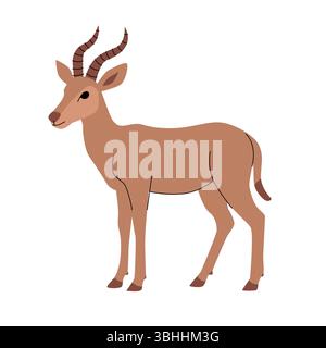 Flache Vektorillustration einer stehenden Antilope mit gekrümmten gestreiften Hörnern und einem hellbraunen Körper. Minimalistischer Stil auf weißem Hintergrund, ideal für Stock Vektor
