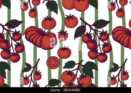 Nahtloses Tomatenmuster mit handgezeichneten roten Tomaten, grünen Blättern und welligen grünen Streifen auf weißem Hintergrund. Frisch, biologisch und perfekt für Stock Vektor