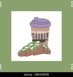 Minimalistisches Frühstück Illustration mit einer To-Go-Kaffeetasse und einem Croissant mit grüner Glasur und weißen Samen, die vor einem grünen Rahmen stehen Stock Vektor