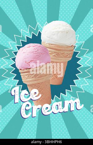 Volkskunst-Collage. Eiskegel mit Erdbeeren und Vanille, Waffelstruktur auf blauem Hintergrund und verspielter Retro-Typografie. Stockfoto