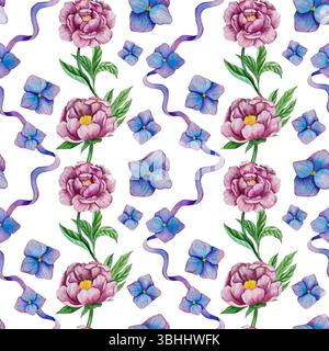 Rosa Gartenblumen isoliert auf weißem Hintergrund, Aquarellillustration. Pinkfarbener Blumenstrauß, burgunderrote Pfingstrosen. Lilafarbener Hortensien, Rahmen Stockfoto