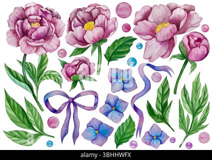 Rosa Gartenblumen isoliert auf weißem Hintergrund, Aquarellillustration. Pinkfarbener Blumenstrauß, burgunderrote Pfingstrosen. Lilafarbener Hortensien, Rahmen Stockfoto