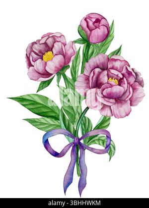 Rosa Gartenblumen isoliert auf weißem Hintergrund, Aquarellillustration. Pinkfarbener Blumenstrauß, burgunderrote Pfingstrosen. Lilafarbener Hortensien, Rahmen Stockfoto