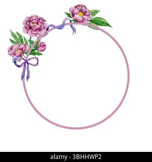 Rosa Gartenblumen isoliert auf weißem Hintergrund, Aquarellillustration. Pinkfarbener Blumenstrauß, burgunderrote Pfingstrosen. Lilafarbener Hortensien, Rahmen Stockfoto