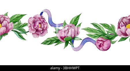 Rosa Gartenblumen isoliert auf weißem Hintergrund, Aquarellillustration. Pinkfarbener Blumenstrauß, burgunderrote Pfingstrosen. Lilafarbener Hortensien, Rahmen Stockfoto