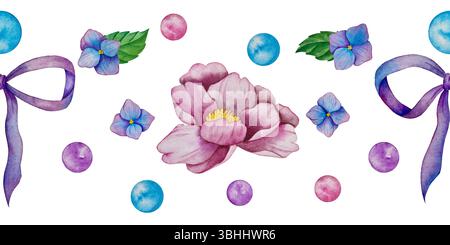 Rosa Gartenblumen isoliert auf weißem Hintergrund, Aquarellillustration. Pinkfarbener Blumenstrauß, burgunderrote Pfingstrosen. Lilafarbener Hortensien, Rahmen Stockfoto
