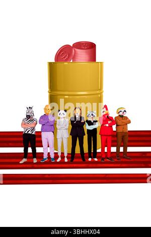 Composite Artwork 3D Foto Collage Trendvorlage der Ölfässer Gewinne Bank Cash Trade Market Team Tierzoo Kopf Stand Erfolg Stockfoto