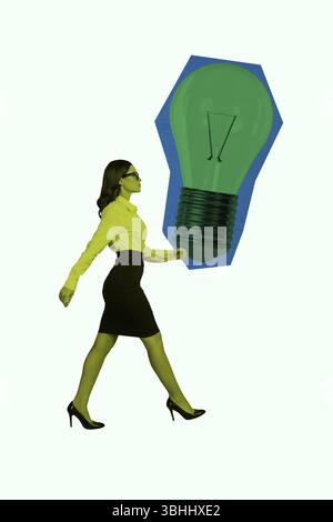 Trend Composite Skizzenvorlage 3D Foto Collage von jungen Geschäftsfrau formalwear Spaziergang Silhouette Ideenlösung Puzzle kreative Herausforderung Stockfoto