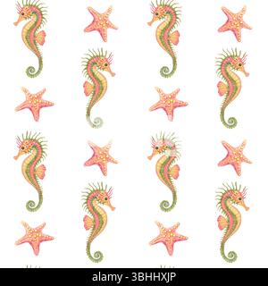 Vertikal ausgerichtete Korallenseestern und blassgrüne Seepferdchen in zartem Aquarellmuster. Unterwasserleben. Perfekt für Stoffe, Scrapbooking-Papiere und nautische Geschenkverpackungen Stockfoto