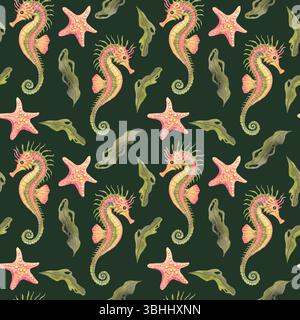 In diesem nahtlosen Clipart-Muster mit dunklem Wasserfarben im Hintergrund finden sich Limettenseeepferde, gepunktete Korallenseesterne und Blatttang, perfekt für auffällige Geschenkverpackungen und Modestoffe Stockfoto