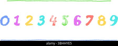 Bunte Zahlen 0-9, handgezeichnet in Wachsstift oder Pastellstil. Highlighter-Effekt auf einem Brett für Kindergartenzeichnung, Lernmaterialien und Stock Vektor