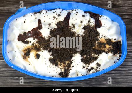 Eis, Vanilleeis mit Karamellsauce und Keksen und Keksen ist ein gefrorenes Dessert, das typischerweise aus Milch oder Sahne hergestellt wird Stockfoto