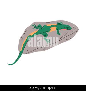 Eidechse auf Stein oder Comic Reptil auf dem Gelände. Vektorwüsten oder Savannen-Wildtiere. Tropenfauna Clipart. Illustration oder Poster für Biologie oder Zoologie. Wildnis und Natur. Natürliche Tarnung Stock Vektor