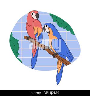 Ara-Papagei an Baumzweig im Käfig. Vektor einheimischer exotischer Vogel oder Stimme Regenwald Mimikry Tier. Dschungel fliegende Fauna im Zoo. Tropisches oder karibisches Vogeltier. Natur- und Tierzeichen. Zoologie Stock Vektor