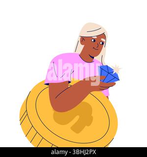 Frau mit Edelstein für Geld sparen oder Einzahlungsschild. Vektordarstellung für die Gewinnakkumulation und das Bankgeschäft. Karte mit Diamant für finanzielle Investitionen. Banken und Fonds. Monetäre Planung. Wohlstand. Stock Vektor