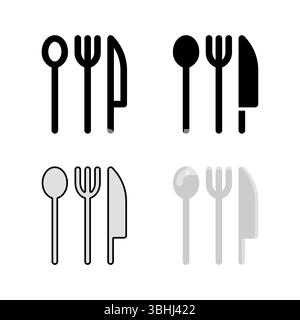 Ein Set mit Bestecksymbolen einschließlich Gabel, Messer und Löffel, ideal für Speisen, Restaurants, Küche und Lebensmitteldienstleistungen. Stock Vektor
