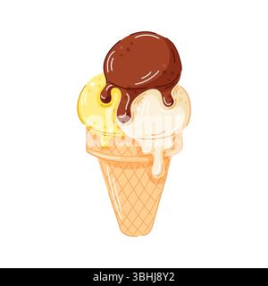 Eiskegel mit Kugeln Schokolade, Vanille und Zitronengeschmack, die oben in einer Waffelkegel isoliert auf weißem Hintergrund schmelzen. Perfekter Cartoon-Style Stock Vektor