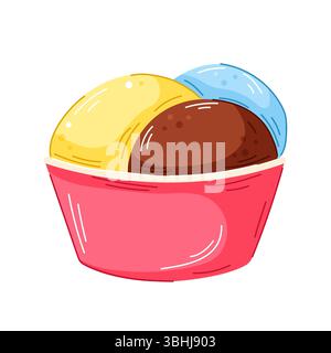 Buntes Eis in rosa Schüssel mit Zitronen-, Schokoladen- und Minzlöffel im Cartoon-Stil. Perfekt für Dessertkarten, Verpackungen und süße Speisen. Stock Vektor