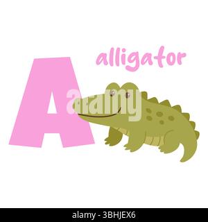 Lustiger grüner Alligator mit großem rosa Buchstaben A von der Kinder-Alphabet-Lernkarte Stock Vektor