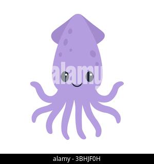 Entzückender lila Tintenfisch mit großen Augen und Lächeln im flachen Cartoon-Stil, ideal für Kinderdesigns und Lehrmaterialien. Stock Vektor