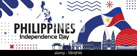 Banner Zum Unabhängigkeitstag Der Philippinen – Flaggen, Wahrzeichen Und Wünsche Design Stock Vektor