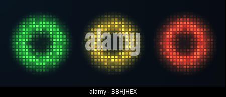 Sammlung von runden, leuchtenden hellen Kreisen, bestehend aus quadratischen Netzelementen, die auf dunklem Hintergrund isoliert sind. Vektorabbildung. Stock Vektor