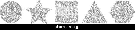 Gepunktete geometrische Formen. Vektorsatz von körnigem Rauschen strukturierten Kreis, Quadrat, Dreieck, Stern, Sechseck-Designelement Stock Vektor