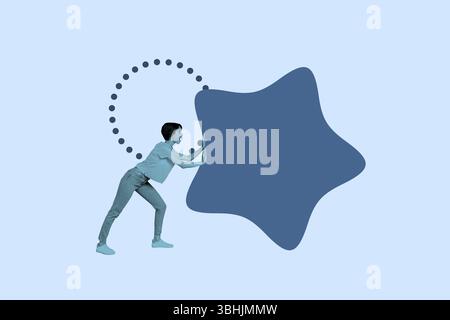 Trendvorlage Skizzendesign 3D-Fotocollage der jungen Dame zu Fuß Hand Push STAR Ziel professionelle Geschäftseinstellung HR Mitarbeiter Erfolgsrate Stockfoto
