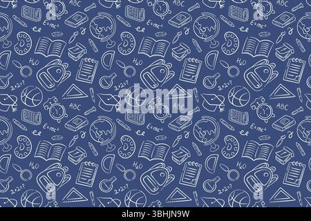 Back to School Kritzelmuster auf blauem Hintergrund. Handgezeichnetes stationäres Objekt aus Buch, Kugel, Bleistift, Rucksack. Design für Gewebe, Geschenkpapier Stock Vektor