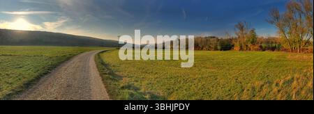 Ein breiter Panoramablick fängt eine friedliche ländliche Landschaft mit einer unbefestigten Straße ein, die sich durch offene grüne Felder schlängelt, flankiert von Bäumen und Hügeln unter einem Stockfoto