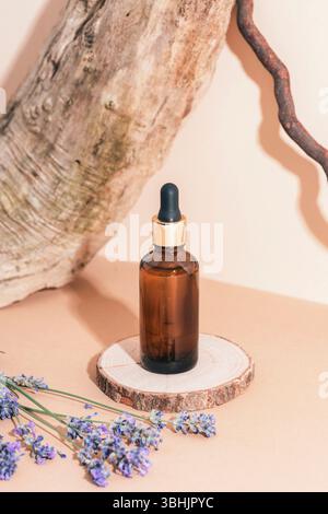 Bernstein Serumflasche auf Holzständer und Lavendelblüten im Sonnenlicht. Nahaufnahme. Stockfoto