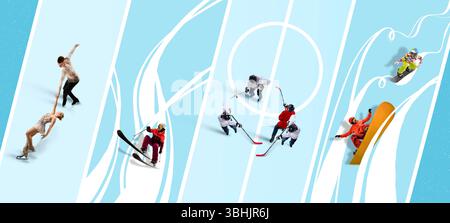 Collage. Dynamische Wintersportszene mit Eiskunstlauf-Paaren, Alpinski, Eishockeyspiel, Snowboardern und Soloskater in eisblauer Diagonale Stockfoto