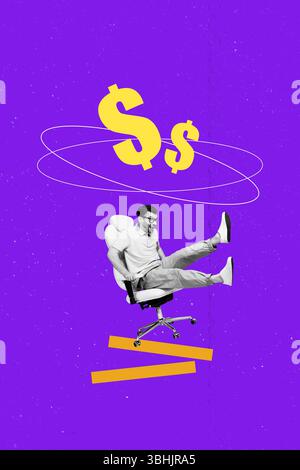 Trendkunstwerk kreative Skizze 3D-Foto-Collage des jungen Mannes Sessel lustiges Lächeln Dollar Sparen Investmentwirtschaft Einkommensmarkt Stockfoto