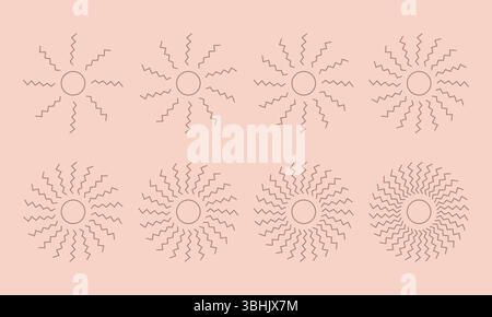 Helix, runder Sonnenaufgang, Explosion, Boho-Sonnenformen. Spiralförmige abstrakte Kreissonnen mit Zickzackstrahlen. Vektorlinien-Illustrationen. Stock Vektor
