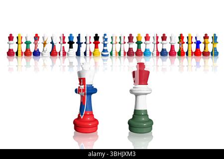 Schach aus EU-Mitgliedsflaggen. Die Slowakei und Ungarn protestieren Stockfoto