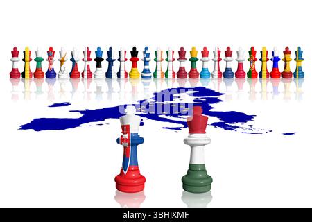 Schach aus EU-Mitgliedsflaggen. Die Slowakei und Ungarn protestieren Stockfoto