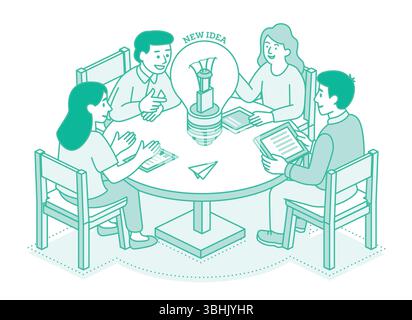 Kreatives Team-Brainstorming an einem runden Tisch. Vier Personen diskutieren Ideen mit Glühbirne. Unternehmensinnovation und Teamwork-Konzept. Isometrischer Vektor. Stock Vektor