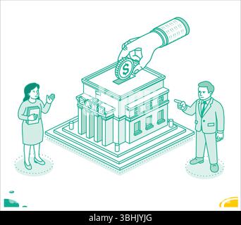 Isometrische Umrissdarstellung einer großen Hand, die eine Dollarmünze in eine Bank platziert. Ein Mann und eine Frau stehen in der Nähe und diskutieren finanzielle Angelegenheiten. Bankwesen, Stock Vektor