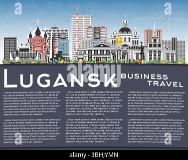 Skyline der Stadt Lugansk mit farbigen Gebäuden, blauem Himmel und Kopierraum. Vektorabbildung. Luhansk Stadtbild mit Wahrzeichen. Geschäftsreisen und Tourismus Stock Vektor