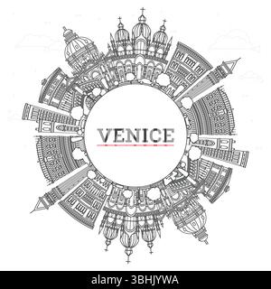 Skizzieren Sie die Skyline von Venedig Italien mit historischen Gebäuden und einem Raum, der auf weiß isoliert ist. Vektorabbildung. Venedig Stadtbild mit Wahrzeichen. Stock Vektor