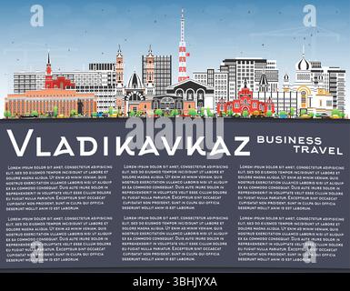 Wladikawkaz Russland City Skyline mit farbigen Gebäuden, blauem Himmel und Kopierraum. Vektorabbildung. Wladikawkaz Stadtbild mit Wahrzeichen. Stock Vektor