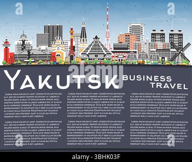 Skyline der Stadt Jakutsk Russland mit farbigen Gebäuden, blauem Himmel und Kopierraum. Abbildung. Jakutsk Stadtbild mit Wahrzeichen. Geschäftsreisen und Tourismus Stock Vektor